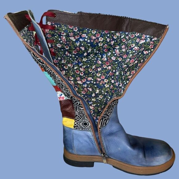 Socofy Bohemian Splicing Pattern Blue Leather Side Zip Back Lace Boot Size 7 7.5 - Picture 10 of 12